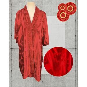 Vintage 80s Vandmere Asian Red Floral Weave Jacquard Cami Nightgown Robe Set M